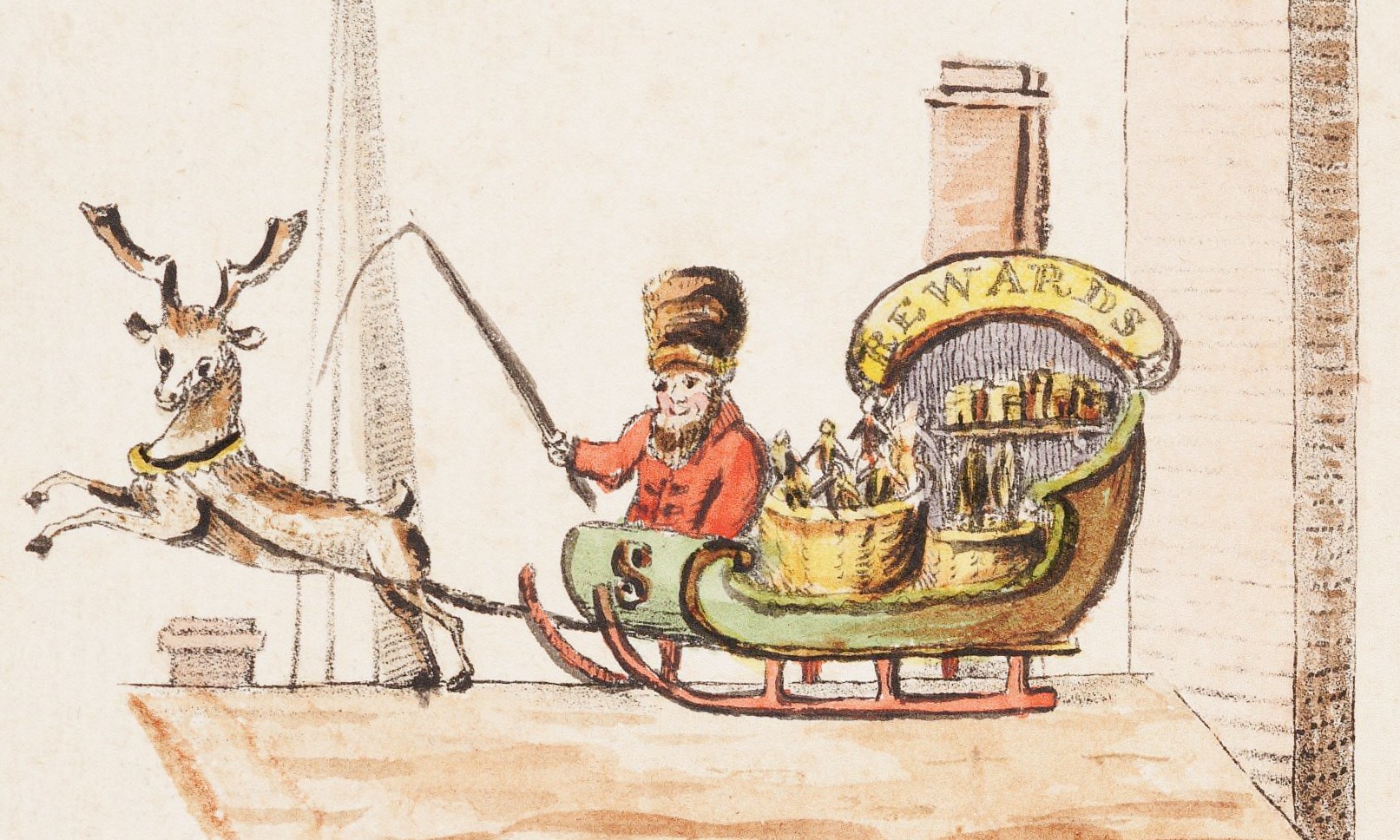 Billede: ”Old Santeclaus with Much Delight”, 1821, New York. Illustration til første vers. Den første fremstilling af Santa Claus i en kane med rensdyrspan. Kilde: WikimediaCommons.